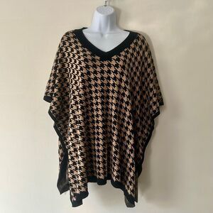 TALBOTS Houndstooth Poncho Sweater Cape 100% Cotton S/M Tan & Black NEW, No Tags